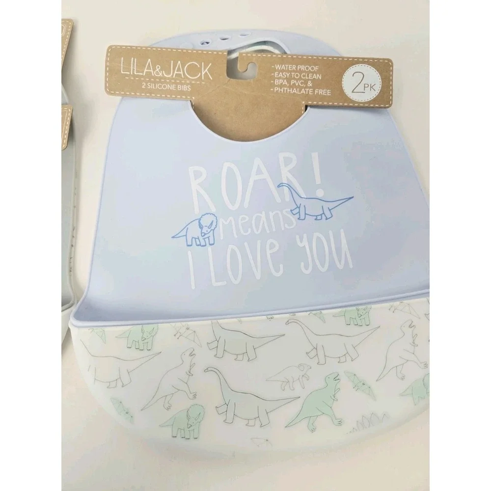 Lila & Jack Silicone Bibs 2 pack x 2 Bambino Roar Dinosaur Baby NEW waterproof